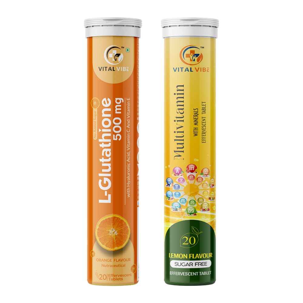 L-Glutathione 500mg + Hyaluronic Acid, Vitamin C&E Effervescent – 20 Tabs + All-in-One Multivitamin & Minerals, Sugar-Free – 20 Tabs-image-0