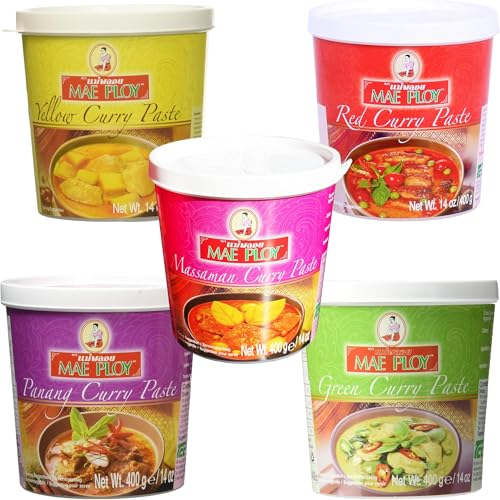 Mae Ploy Thai Curry Paste Assorted Pack of 5 (400g Each) Green Red Yellow Massaman & Panang Curry Paste Authentic Thai Sauce for Cooking Halal Certified
