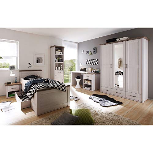Lomadox Jugendzimmer Komplett Set 5-TLG. im Landhaus Design, Pinie weiß Nb./Trüffel Eiche Nb.