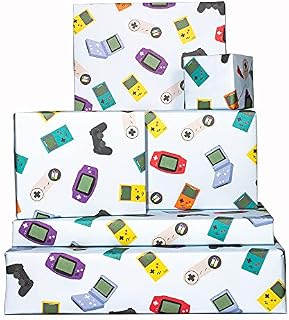 Birthday Wrapping Paper for Boys - For Men - Gamers - Blue Gift Wrap - 6 Sheets of Happy Birthday Wrapping Paper - For Kids - Sustainable - Eco Friendly - Comes with Stickers and Tags - By Central 23