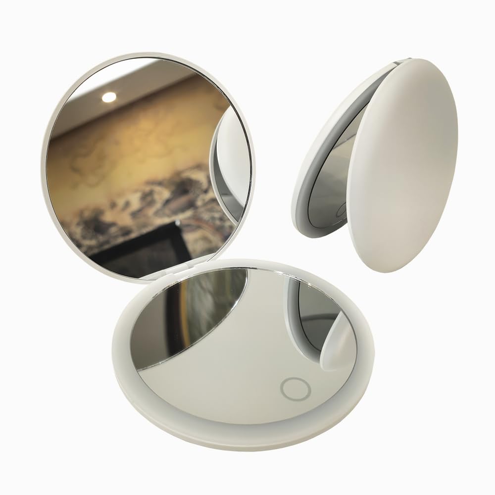 MONKEY SUN Mini espejo de maquillaje LED, espejo de viaje plegable compacto con control táctil, redondo (blanco, 3.5 pulgadas)