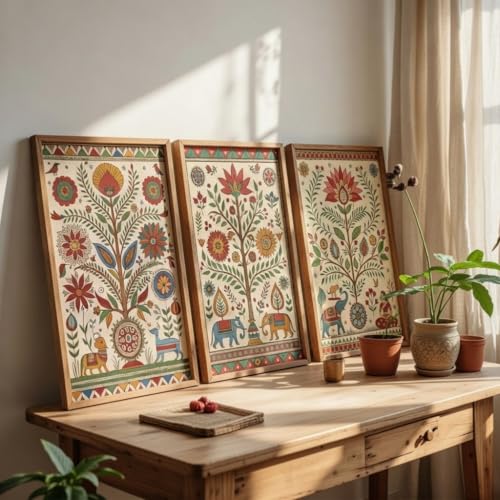 Image of Livin'luxe Indian Folk Art Floral Wall Painting Set of 3 with Wooden color Frames | Traditional Ethnic Artwork HD Sparkle Laminated Wall Decor | Boho Botanical Wall Art for Living Room Bedroom Decor