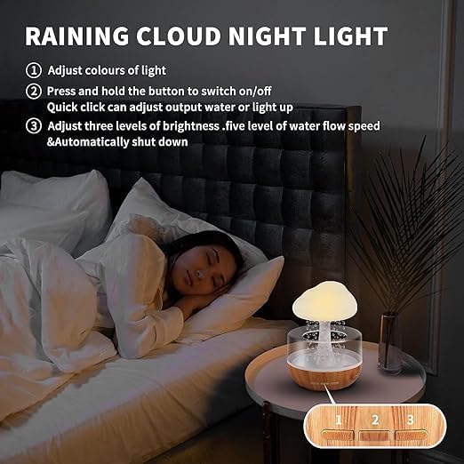 Image of Plastic Raining Cloud Night Light Aromatherapy Essential Oil Diffuser Micro Humidifier Desk Fountain Bedside Sleeping Relaxing Mood Water Drop Sound for Bedroom, Office or Yoga (Raining Cloud)