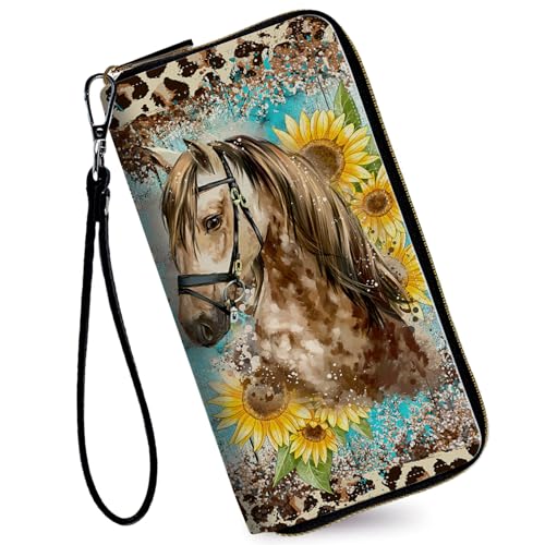Image of Women's Wallets,Credit Card Holder Money Leather Long Wallet with Wristlet,Large Capacity with Zip-Around Phone Purse for Women Ladies Girls,Horse Leopard Print Sunflower