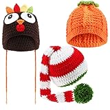Jiuguva 3 Pieces Baby Crochet Beanie Set, Turkey Hat Pumpkin Beanie and Christmas Long Tail Caps for Unisex Baby Thanksgiving Halloween Xmas Photo Prop