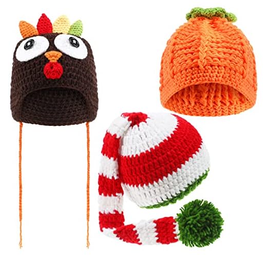 Jiuguva 3 Pieces Baby Crochet Beanie Set, Pumpkin Hat Turkey Beanie and Christmas Long Tail Cap for Unisex Baby Fall Halloween Thanksgiving Xmas Photo Prop