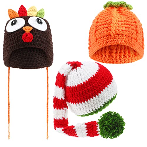 Jiuguva 3 Pieces Baby Crochet Beanie Set, Pumpkin Hat Turkey Beanie and Christmas Long Tail Cap for Unisex Baby Fall Halloween Thanksgiving Xmas Photo Prop