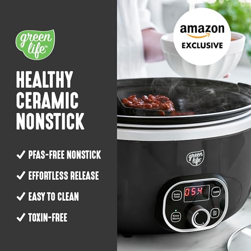Image of GreenLife 8QT Slow Cooker, Non-Toxic PFAS-Free Ceramic Nonstick Removable Interior Bowl, Programmable, Family Friendly, Keep Warm, Stovetop & Oven Safe, Dishwasher Safe Crock, Timer, Glass Lid, Black