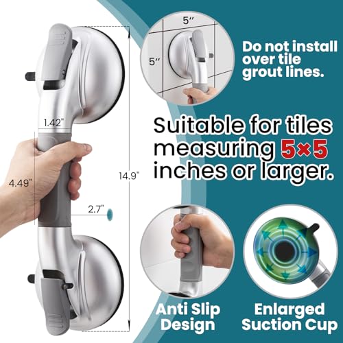 Image of TAILI Shower Grab Bars,Suction Shower Handles,Upgraded,330lbs,2 Pack,Silver