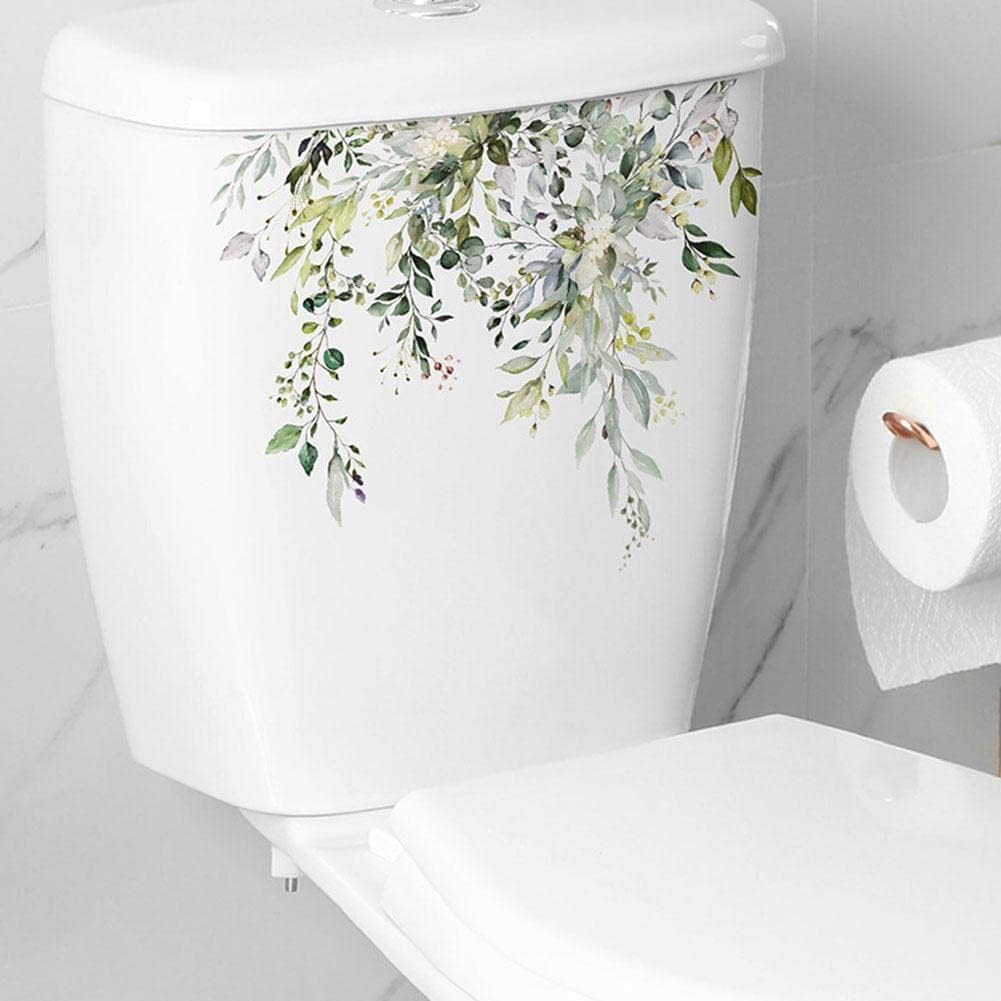 Green Plant Flower Leaves wall Sticker, Bathroom, Toilets, Decorative, self-Adhesive, Toilet seat Cover Stickers, Waterproof Toilet Sticker for Bathroom, Cistern Decor