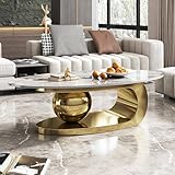 51.2' Oval Coffee Table, Modern Faux Marble Coffee Table with Sintered Stone Tabletop, Large Unique Center Table with Gold Stainless Steel Base for Living Room, Golden+White