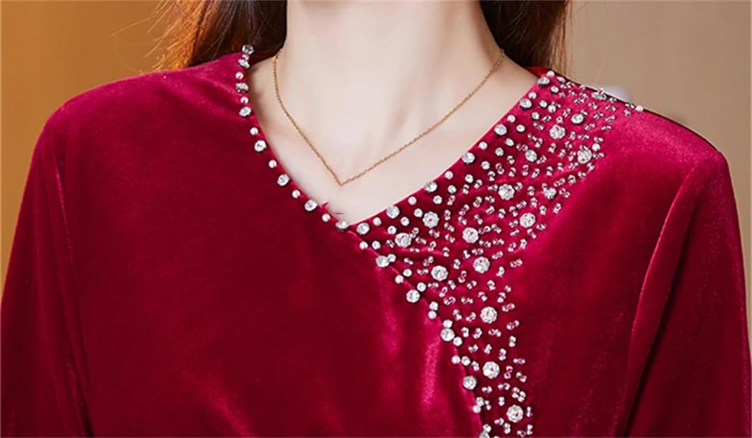Fnfmrfmr Vestido de terciopelo rojo de manga larga para mujer, vestido de oficina con cuello en V, maxi vestido dividido