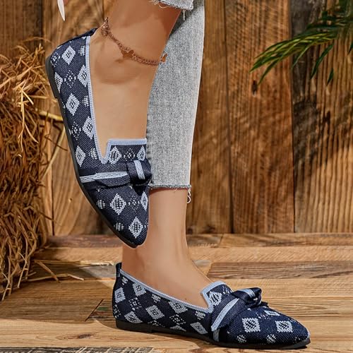 Women's Woven Fashion Breathable Knit Flat Shoes Comfortable Slip on Pointed Toe Bow Tie Flats for Walking Driving Dressy Knitted Office Work Ballerina Wide Toe Box Mary Jane Shoes3