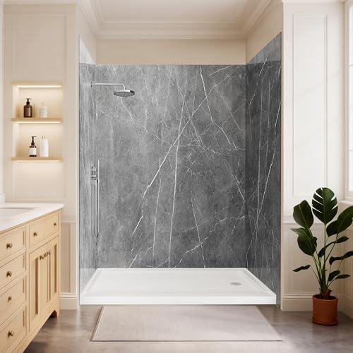 60' W x 32' D x 80' H Acrylic Shower Wall Surround Kit, 3-Piece Volakas Grey Matte Finish Wall...