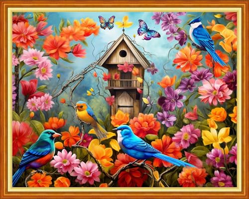 Image of Foxdiviy Stamped Cross Stitch Kits - Birds and Flowers 16x20 inch - 11CT Embroidery Patterns - Art Crafts DIY Needlework Starter Kits for Beginners Adults All Ages