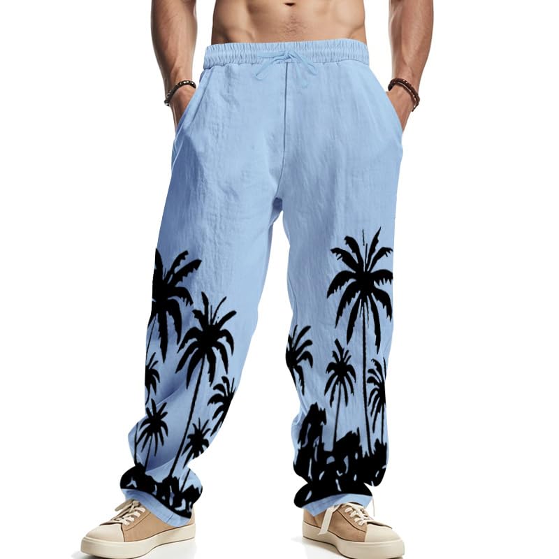 Men's Linen Pants Coconut Palm Print Pants Trendy Casual Straight Leg Drawstring Elastic Waist Outdoor Beach Trousers2