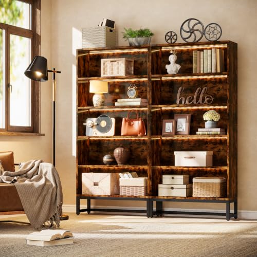 Image of Tribesigns Tall Bookcase and Bookshelf, 70.8 inch Large Bookcases Organizer with LED Lights, Heavy Duty Free-Standing Library Bookshelf with 5-Tier Storage Shelves for Living Room, Bedroom (Rustic Brown)