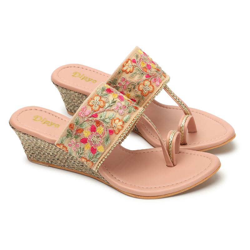 Image of DIPYO Floral Embroidered Ethnic Wedge Heel Slip-On Sandals for Women (Golden, Pink)