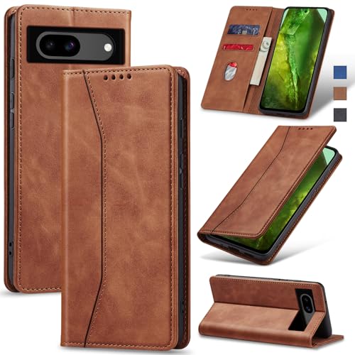Image of Jasonyu Flip Wallet Case for Google Pixel 8A,Leather Magnetic Folio Cover with Card Holder,Kickstand - TPU Shockproof Durable Protective Phone Case,Brown