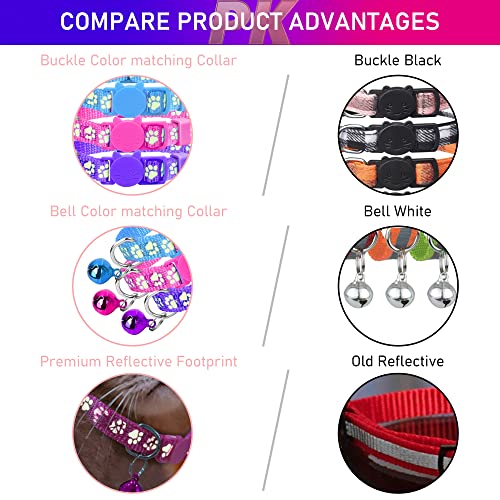 Gamuda Cat Collars Breakaway Reflective, Super Soft Nylon Kitten Collars, Colorful Buckle, Adjustable Safety, Protect You Cat With Relective Footprint Design And Bell - Set Of 12 (7’’-10’’) #TOP4