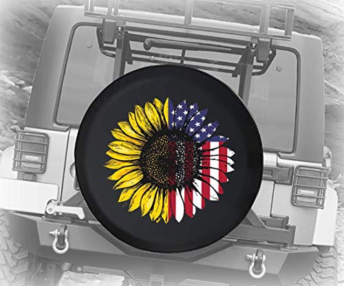 Spare Tire Cover Distressed USA Flag Sunflower Mash Up (fits: SUV Camper or RV Accessories) Black 33 Inch with Grommets