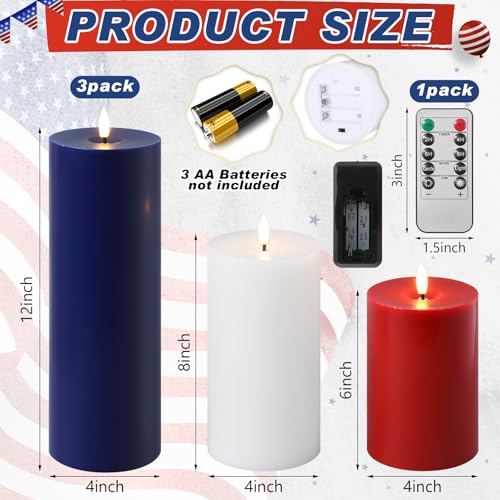 Image of Retisee 3 Pcs 4th of July 6 /8 /12 Inches Flameless LED Candles with Remote and 2 /4 /8h Timer Red White Blue Battery Operated Wax Flickering Candles for USA American Party Memorial Day Decorations