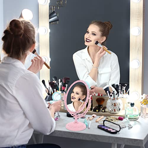Lurrose Vintage Tabletop Vanity Oval Cosmetic Mirror 360 Degree Rotation Magnifying Double Sided Mirror (Beige) - Image 2
