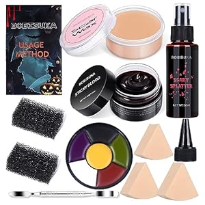 BOBISUKA Demonic Special Effects SFX Halloween Makeup Kit – 5 Colors Bruise Makeup Face Body Painting Palette + Scar Wax with Spatula Tool + Fake Blood Splatter Spray + Fake Blood Cream +Stipple Spong