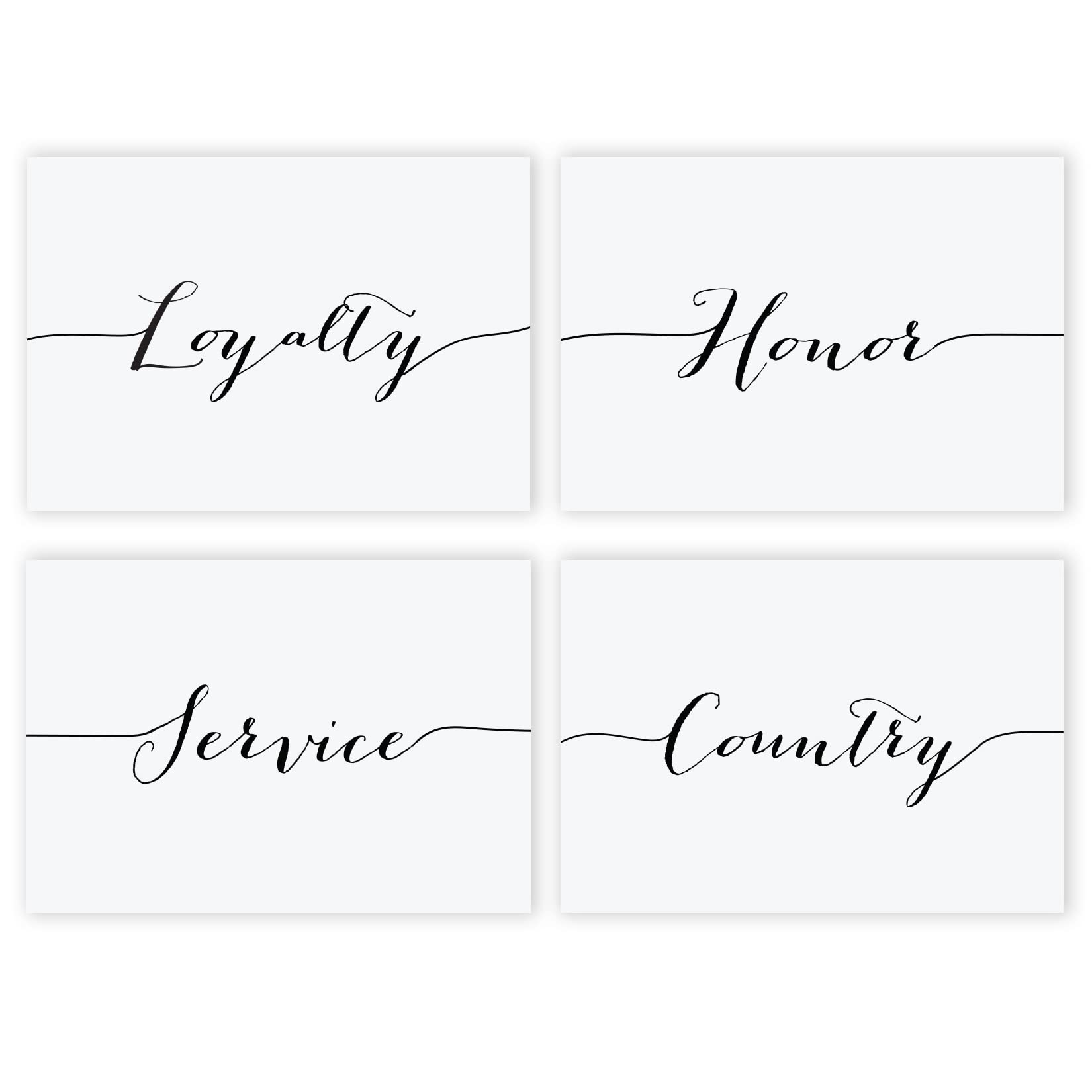 INKOLOGIE Modern Black and White Military Wall Art Hanging Decor Poster Print Gift, A4 Size 8.25 x 11.75-inch, Loyalty Honor Service Country, 4-Pack, No Frame, Military Armed Forces Gift