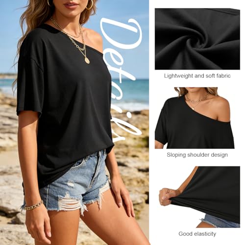 Image of SANNIDHI Women's Off Shoulder Oversized T Shirt, Breathable Lightweight Polyester Silk Loose Batwing Sleeve Summer Top for Casual Daily Wear-L
