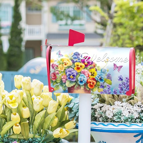 Image of Welcome Spring Summer Magnetic Mailbox Cover - Standard Size 18 X 21 Inch With Flowers and Butterfly - Floral Wraps for Post Letter Box - Outdoor Garden Yard Home Outside Decoration