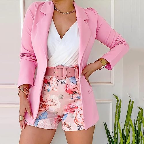 Women 3 Piece Outfits Long Sleeve Blazer Jacket and Floral Belted Shorts Set Business Suit Lounge Work Cardigan Coat2