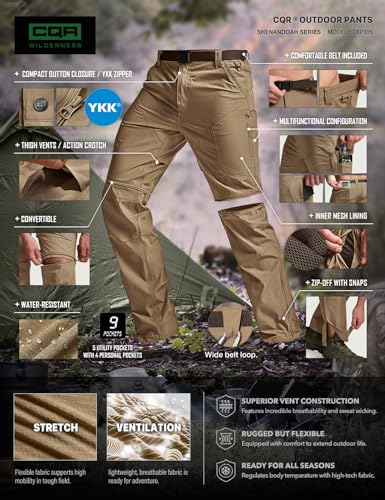 Image of CQR Men's Convertible Cargo Tactical Pants, Water Resistant Outdoor Hiking Pants, Zip Off Lightweight Stretch Work Pants