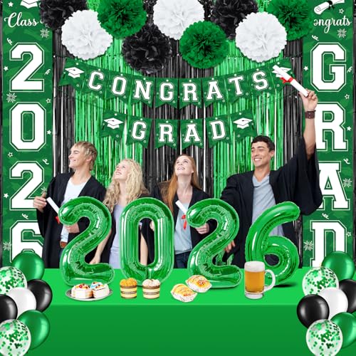 Image of Graduation Party Decorations Class of 2026, Graduation Decorations with Congrats Grad Banner Fringe Foil Curtain Paper Flower Ball Balloons for High School College Graduation Party Supplies, Green