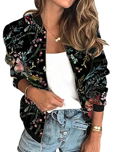 Minetom Damen Casual Jacke Blumenmuster Langarm Bomberjacke Reißverschluss Stehkragen Outwear Kurz Mantel Herbst Frühling Leicht Jacke A Schwarz M