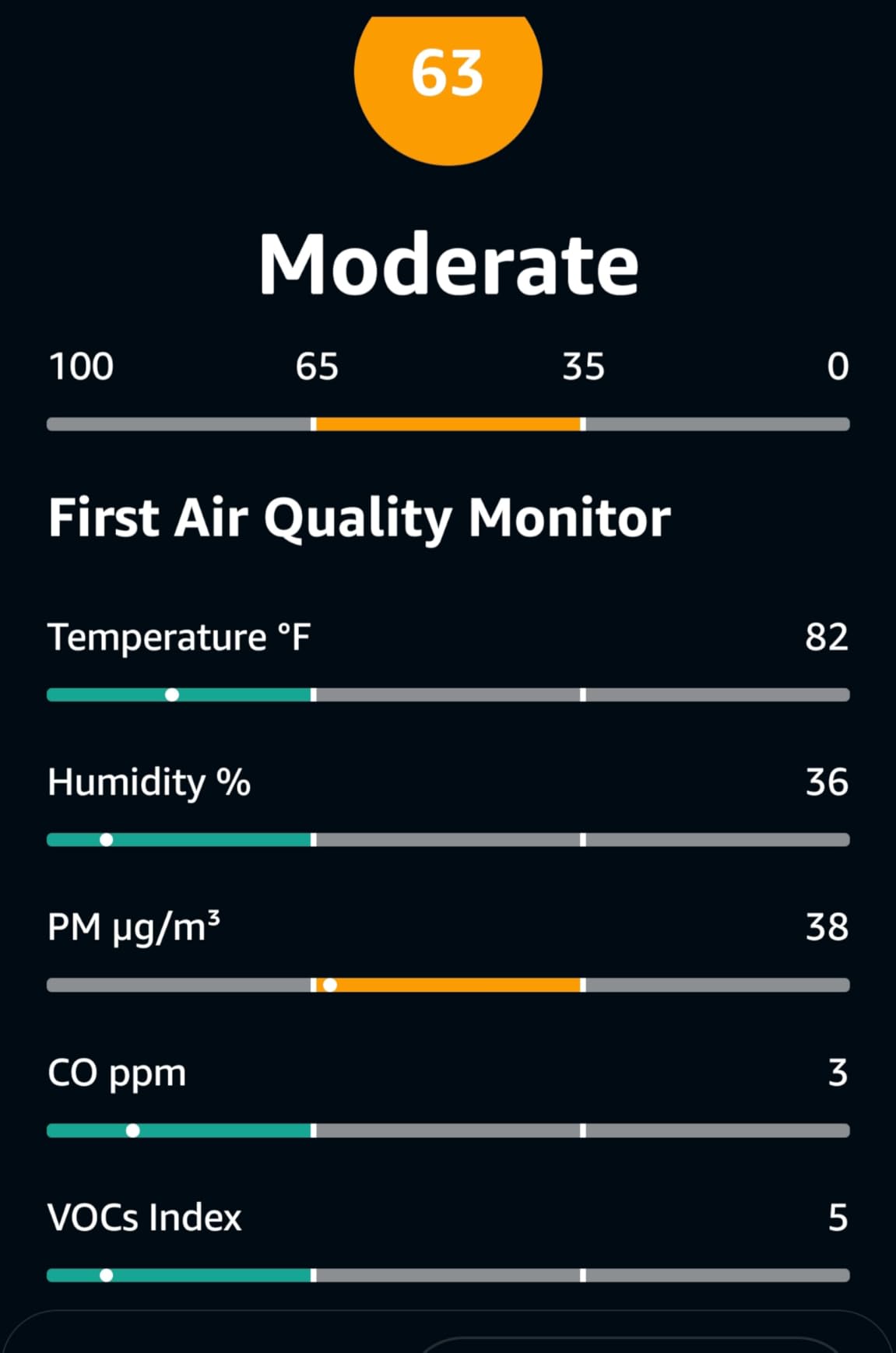 Alexa app screenshot showing moderate air quality reading