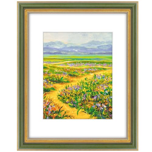 Golden State Art,11x14 Ornate Picture Frame for 8x10 Photo with Mat or 11 x 14 Prints Without Mat, Real Glass Wall Display Horizontally or Vertically (Color:Green Gold)