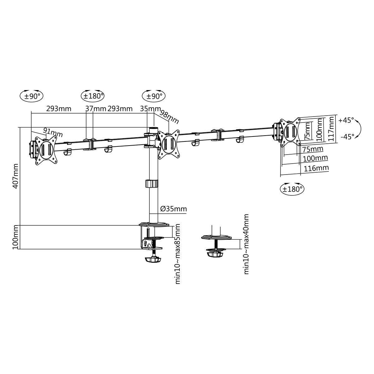 Supporto per monitor in alluminio per 3 monitor (17-27"), lunghezza braccio: 658 mm ciascuno