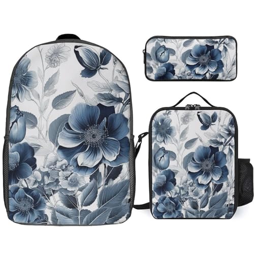 Sac à dos 3 pièces léger avec sac isotherme et trousse à fleurs bleues peintes