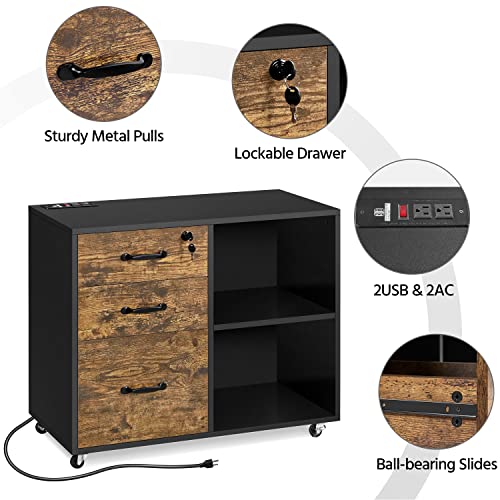 Yaheetech File Cabinet Lateral Filing Cabinet With Socket And Usb Charging Port Mobile Filing Cabinet Printer Stand For Home And Office Black/Rustic Brown #TOP3