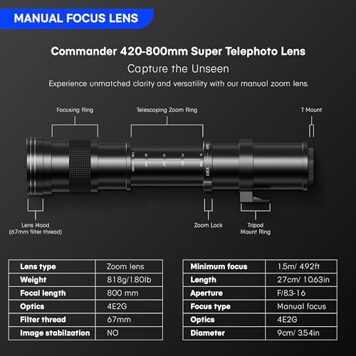 Image of Commander Optics 420-800mm f /8.3 Manual Telephoto Zoom Lens for Canon EOS 80D, 90D, Rebel T3, T3i, T4i, T5, T5i, T6, T6i, T6s, T7, T7I, SL1, SL2, 70D, 77D, 5D, II /III /IV, 6D | Camera Lens