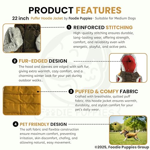 Image of Foodie Puppies Dog Puffer Hoodie Warm Winter Jacket - (Yellow Olive, 22 Inch) for Medium Sized Dogs | Ultra Warm Waterproof & Windproof Fur Coat | Washable Pet Vest Apparel for Cold Weather