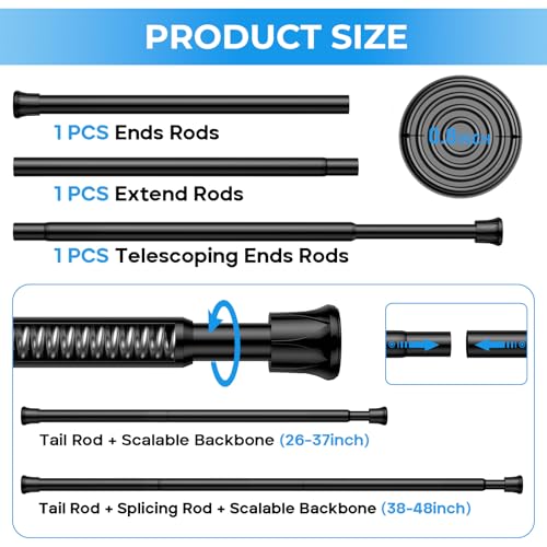Image of 2 Pack Tension Rods for Windows 28 to 48 inch, Adjustable Curtain Rods No Drilling Spring Rods Extendable Pressure DIY Tension Rod for Window Closet Kitchen, Black