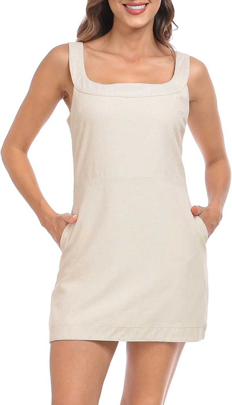 HDE Women's Linen Mini Dress Sundress Sleeveless Summer Dresses with Pockets