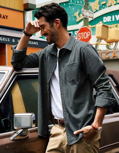 PJ PAUL JONES Men's Button Down Shirt Texture Wrinkle Free Shirts Long Sleeve Waffle Untucked Shirt4