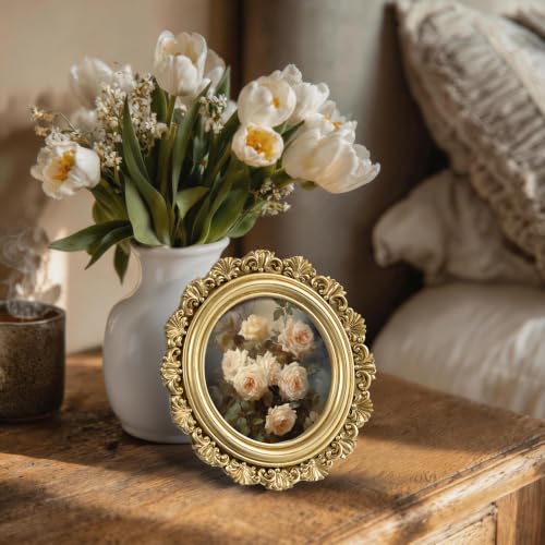 Image of eletecpro 4x4 Round Picture Frame Glass Cover, Gold | Retro Ornate Gold Photo Frame for Tabletop or Wall Mount Decor
