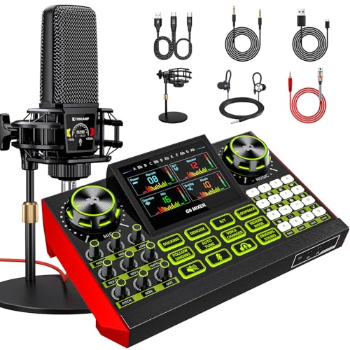 Podcast equipment bundle with live sound card audio mixer, podcast equipment with 3.5mm microphone...