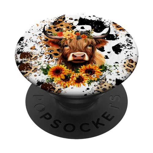 Western Highland Cow Sunflowers and Cowhide Brown PopSockets Adhesive PopGrip