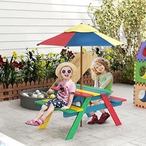 Outsunnykidspicnictablesetwithparasolwoodenoutdoorbenchsetwithseatingfor2children36yearsoldforpatiobackyardindoorusemulticolor Urban Country Home Decor Outsunny kids picnic table set with parasol wooden outdoor bench set with seating for 2 children 3 6 years old for patio backyard indoor use multicolor urban country home decor