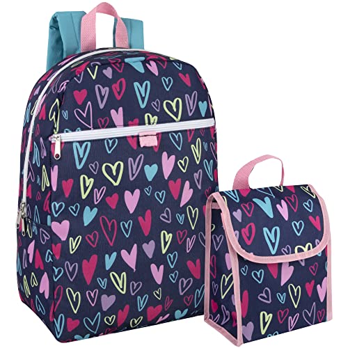 Trail maker Backpack with Lunch Bag for Girls Elementary School, Middle School Backpack Set for Kids (Happy Hearts)